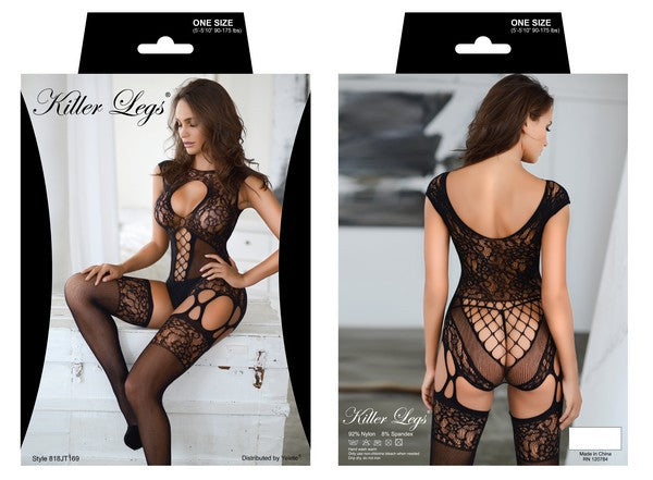 Bombshell Fishnet Body StockingFlaunt your killer curves in this black bodystocking featuring spaghetti straps, a straight neckline, an open front panel with criss-cross netted detailing, a sheer