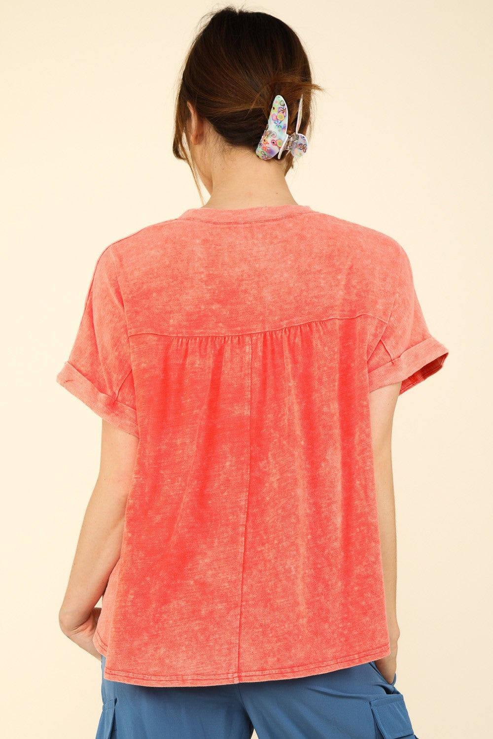 VERY J Nochted Short Sleeve Washed T-ShirtThe Notched Washed Knit Top features a stylish washed knit fabric for a laid-back yet trendy look. The short folded sleeves add a casual touch to the top, perfect fo