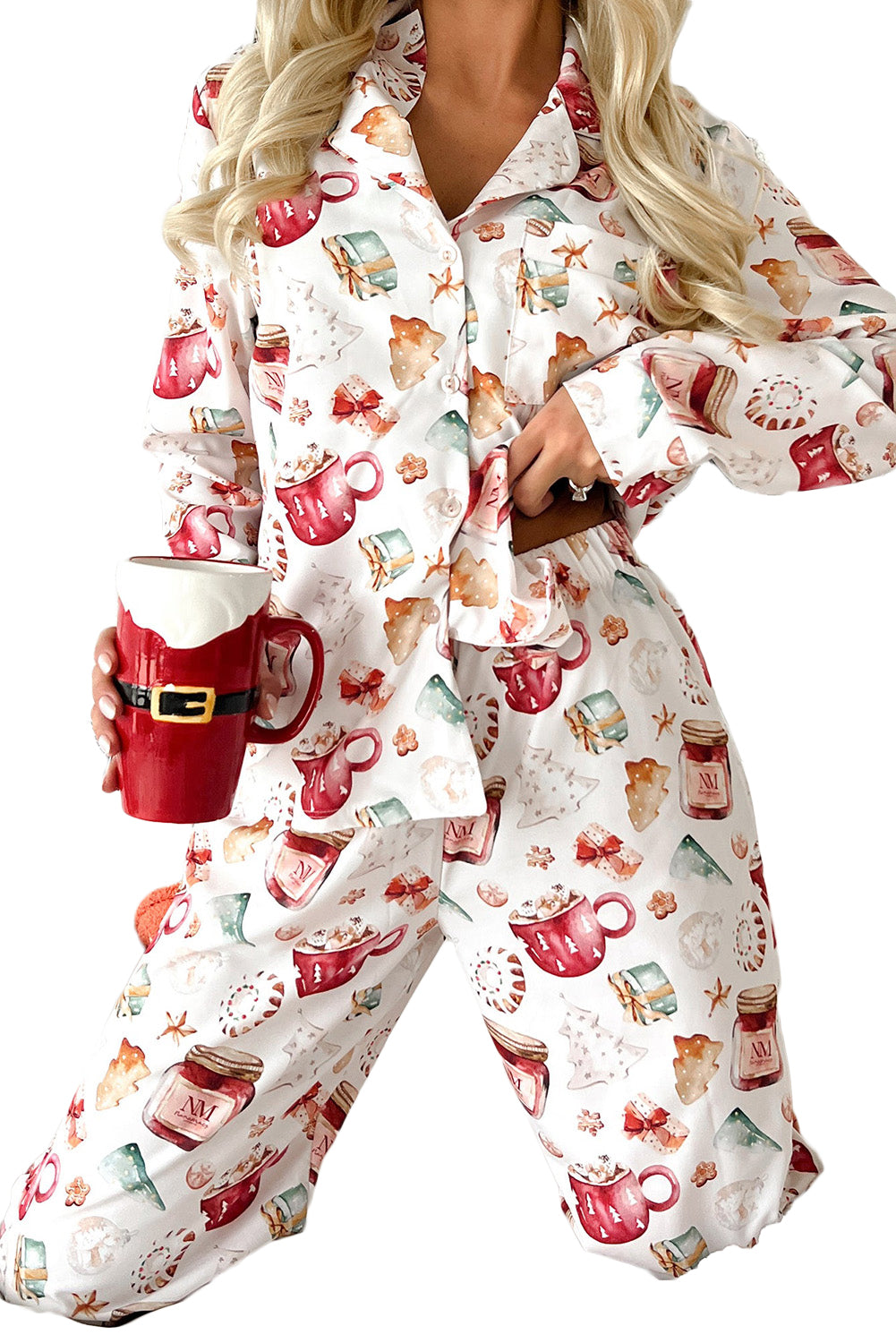 White Christmas Pattern Long Sleeve Shirt and Pants Pajama SetMaterial:100%Viscose
Festive Christmas pattern for a joyful holiday vibe.
Long sleeves provide warmth and comfort during the festive season.