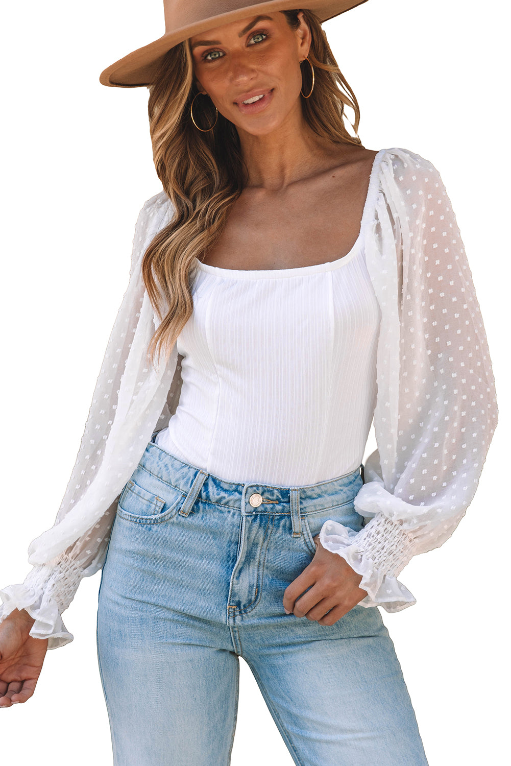 White Casual Solid Swiss Dot Ribbed Puff Sleeve BodysuitMaterial:95%Polyester+5%Elastane
Look super sweet for date night in our swiss dot bodysuit
This ribbed knit bodysuit features contrasted swiss dot bi