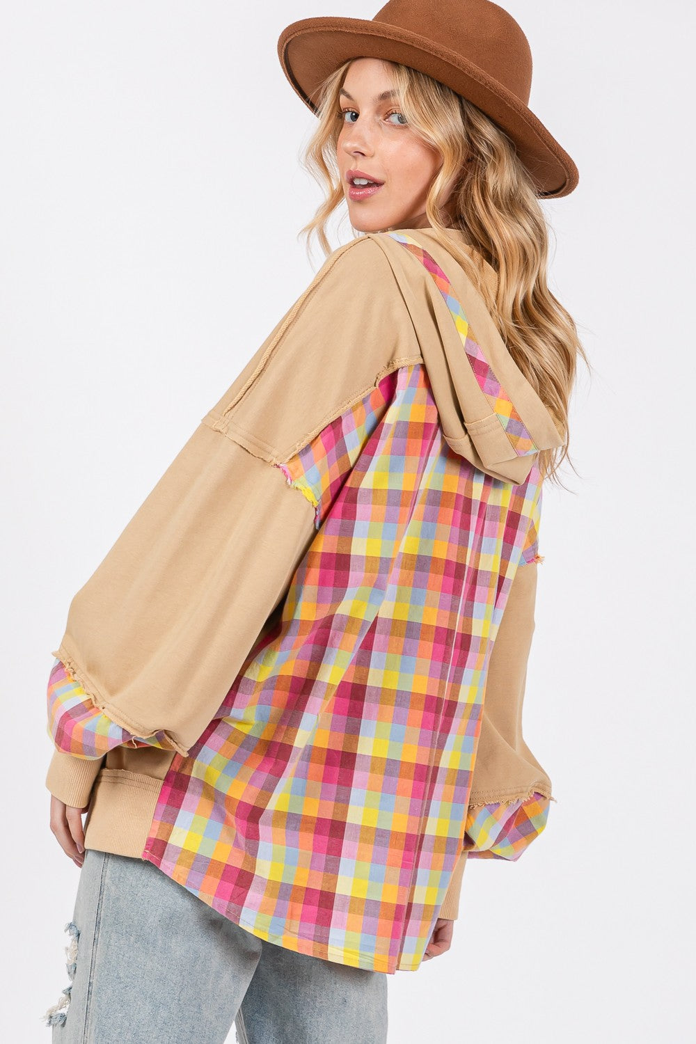 SAGE + FIG Full Size Plaid Print Washed HoodieElevate your casual style with this Mineral Wash Hoodie featuring a unique plaid print. The mineral washed fabric gives it a cool and vintage look, while the adjusta
