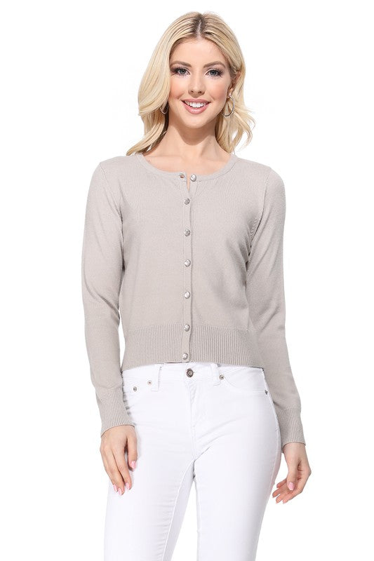 Gem Button Crew Neck Long Sleeve Sweater Cardigan- 18"-19" Length, Crewneck, Long Sleeves, Rounded Jewel Buttons, Button Down, Basic and Classic Viscose Crop Cardigan Sweater for Women.- Lightweight Knit Cardigan B