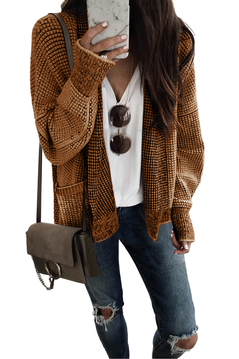 Gray Chunky Knit Pockets Drop Sleeve Cardigan