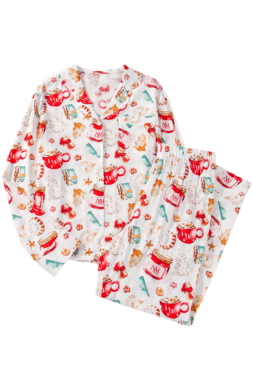 White Christmas Pattern Long Sleeve Shirt and Pants Pajama SetMaterial:100%Viscose
Festive Christmas pattern for a joyful holiday vibe.
Long sleeves provide warmth and comfort during the festive season.