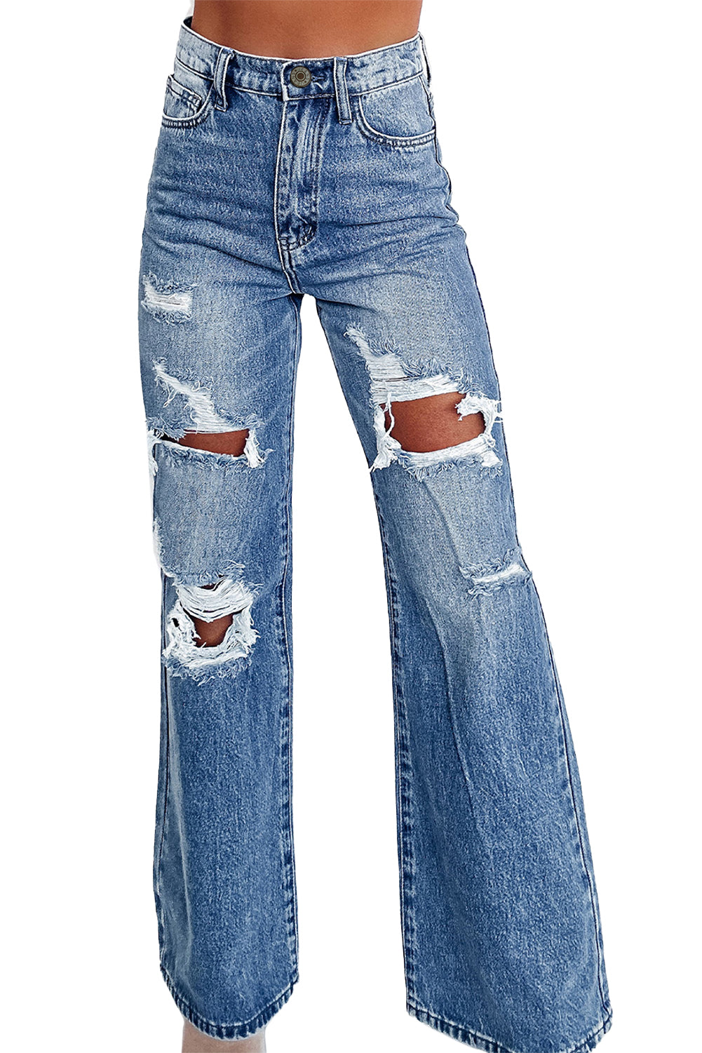 Ashleigh Blue Acid Wash Distressed Wide Leg High Waist JeansMaterial:93%Cotton+5%polyester+2%Elastane
• Distressed wide-leg jeans in a unique acid wash, perfect for a vintage look with a modern twist.
• High-waisted design