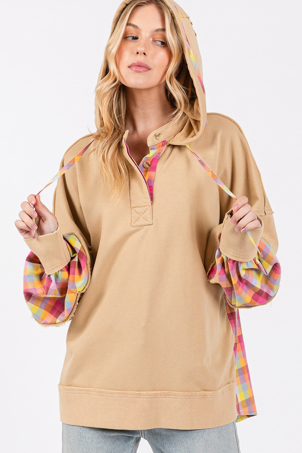 SAGE + FIG Full Size Plaid Print Washed HoodieElevate your casual style with this Mineral Wash Hoodie featuring a unique plaid print. The mineral washed fabric gives it a cool and vintage look, while the adjusta