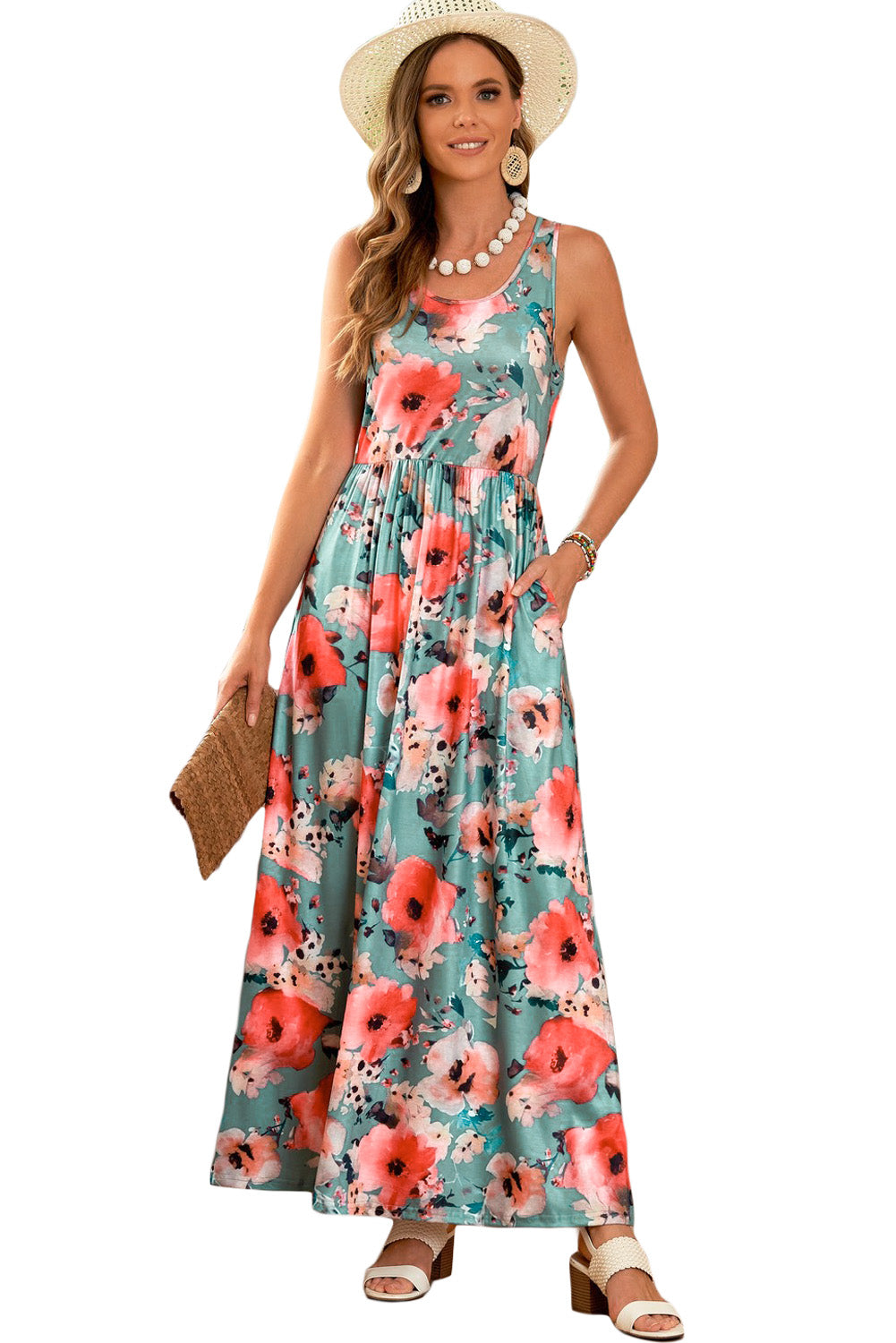 Green Floral Print Sleeveless Maxi Summer Tank DressMaterial:95%Polyester+5%Elastane
•A floral print dress that features a sleeveless design, a long maxi length, and a round neck for a sophisticated look.