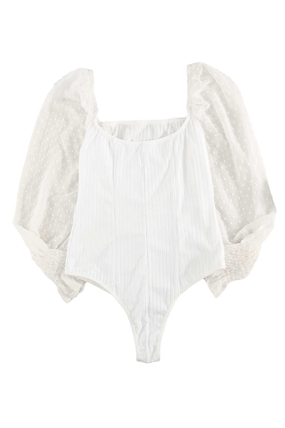 White Casual Solid Swiss Dot Ribbed Puff Sleeve BodysuitMaterial:95%Polyester+5%Elastane
Look super sweet for date night in our swiss dot bodysuit
This ribbed knit bodysuit features contrasted swiss dot bi