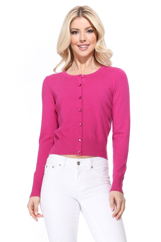 Gem Button Crew Neck Long Sleeve Sweater Cardigan- 18"-19" Length, Crewneck, Long Sleeves, Rounded Jewel Buttons, Button Down, Basic and Classic Viscose Crop Cardigan Sweater for Women.- Lightweight Knit Cardigan B