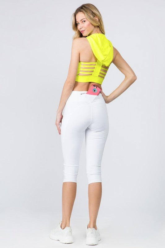 High Waist Tech Pocket Workout Capri LeggingsBetter than ever: Moisture wick performance fabric with 4-way stretch meets a new waistband that slims and stays in place! Three convenient pockets hold your phone,