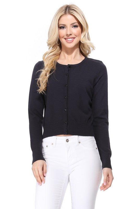 Gem Button Crew Neck Long Sleeve Sweater Cardigan- 18"-19" Length, Crewneck, Long Sleeves, Rounded Jewel Buttons, Button Down, Basic and Classic Viscose Crop Cardigan Sweater for Women.- Lightweight Knit Cardigan B