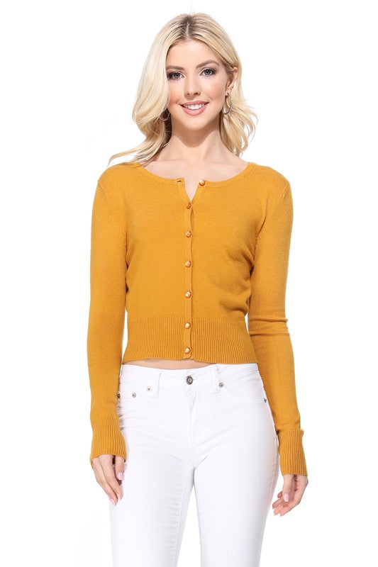 Gem Button Crew Neck Long Sleeve Sweater Cardigan- 18"-19" Length, Crewneck, Long Sleeves, Rounded Jewel Buttons, Button Down, Basic and Classic Viscose Crop Cardigan Sweater for Women.- Lightweight Knit Cardigan B