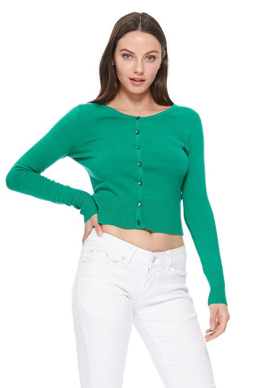 Gem Button Crew Neck Long Sleeve Sweater Cardigan- 18"-19" Length, Crewneck, Long Sleeves, Rounded Jewel Buttons, Button Down, Basic and Classic Viscose Crop Cardigan Sweater for Women.- Lightweight Knit Cardigan B