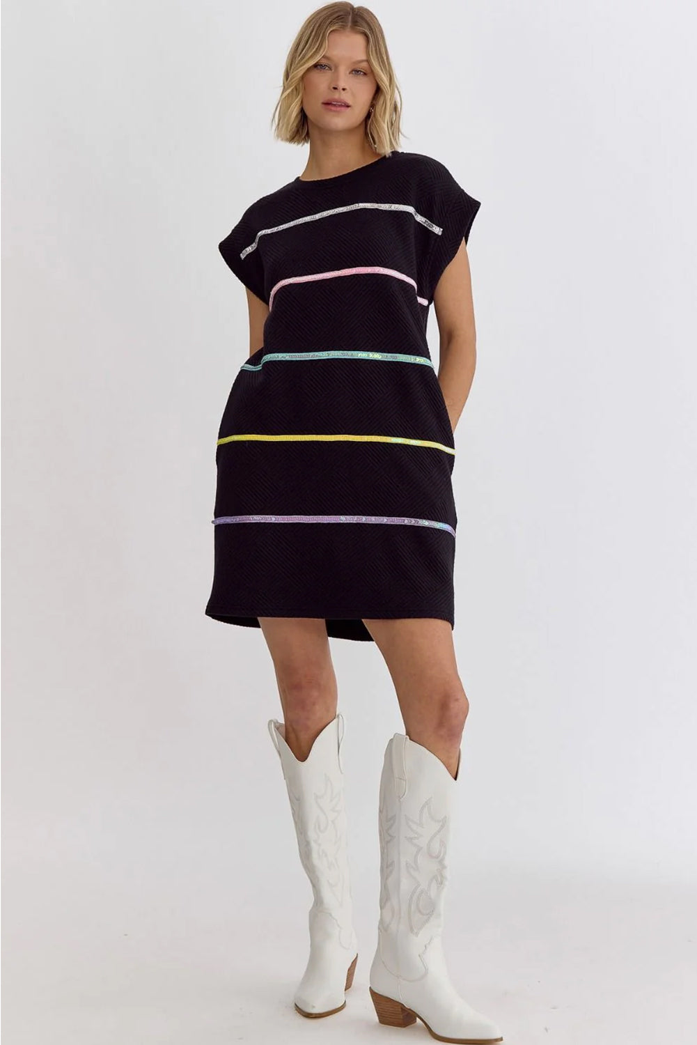 Black Sequin Striped Cap Sleeve Textured Mini DressMaterial:97%Polyester+3%Elastane
The mini dress is a stylish piece featuring sequin embellishments and striped details, adding a touch of glamour to your look