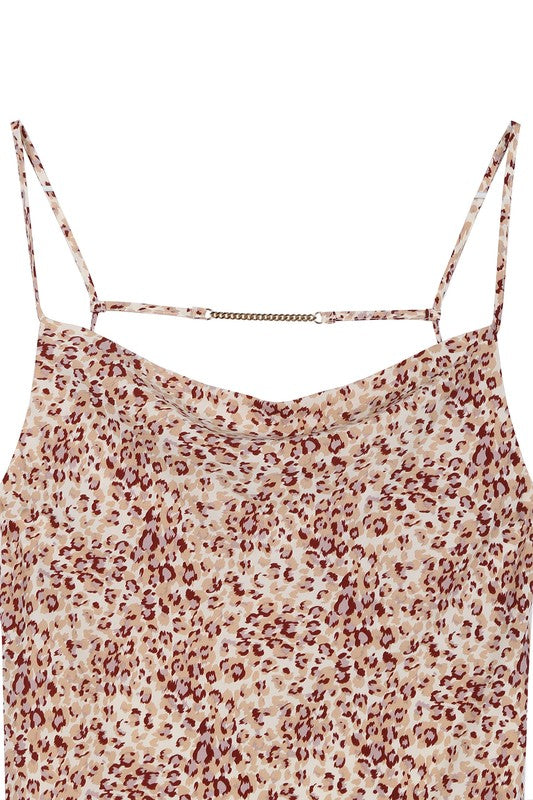 Leopard cami dress with chain trim- Leopard camisole cowl dress with gold chain trim at back strap- Pattern type : leopard- Sleeve length : sleeveless- Stretch : no stretch- Sheer : lined and not she