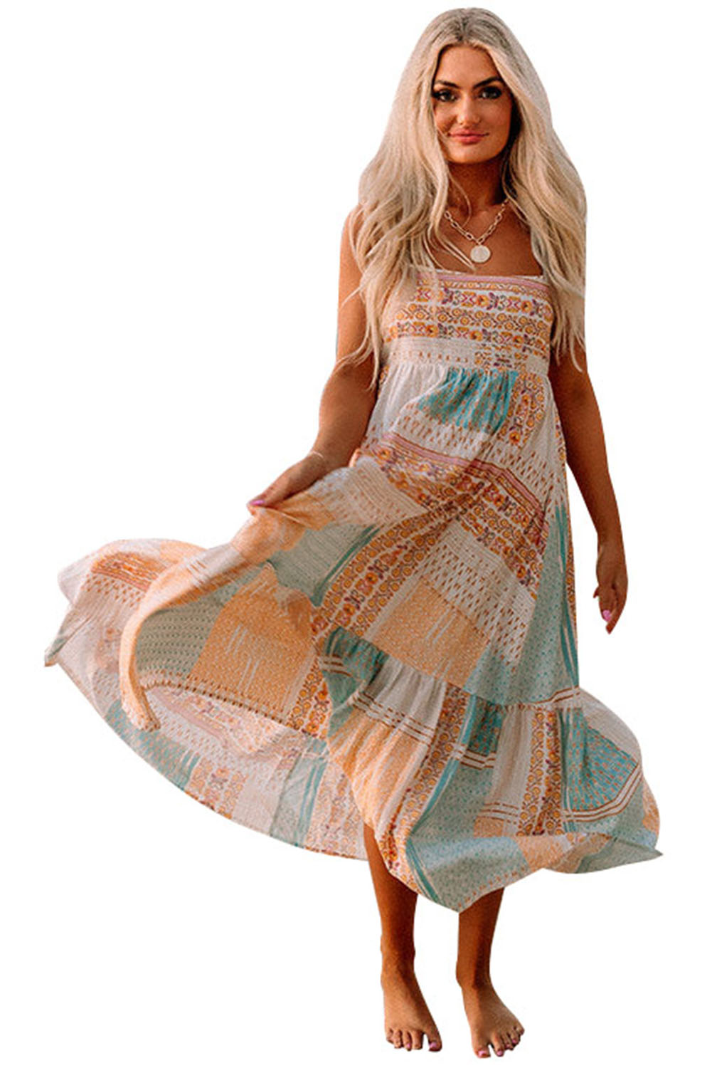 Multicolor Boho Patchwork Print Square Neck SundressMaterial:100%Polyester
Bohemian-inspired sundress with a colorful patchwork print and square neckline.
Flowy and comfortable midi dress with a loose