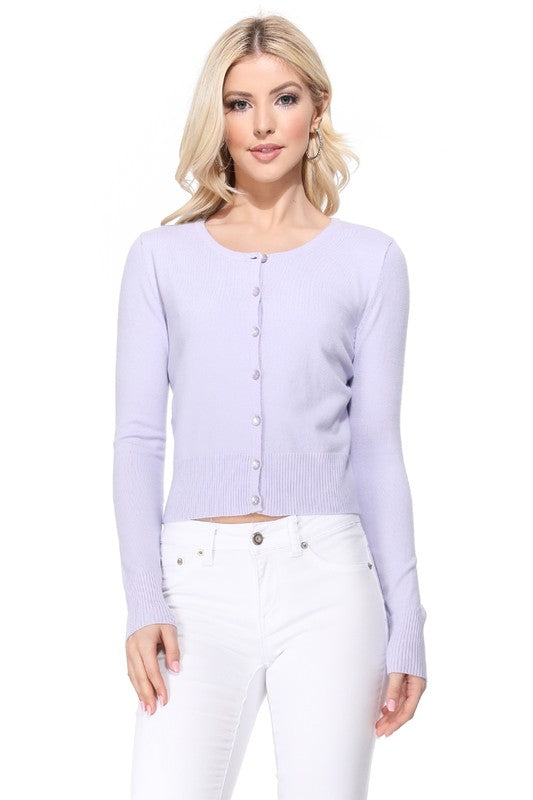 Gem Button Crew Neck Long Sleeve Sweater Cardigan- 18"-19" Length, Crewneck, Long Sleeves, Rounded Jewel Buttons, Button Down, Basic and Classic Viscose Crop Cardigan Sweater for Women.- Lightweight Knit Cardigan B