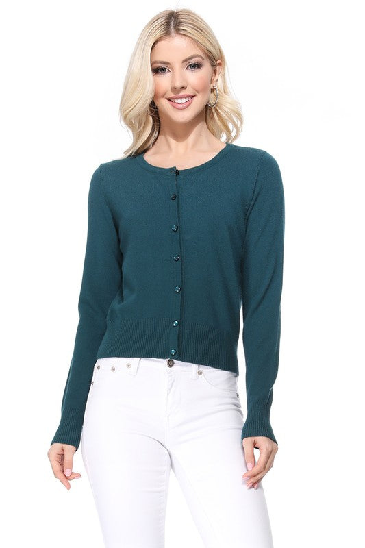 Gem Button Crew Neck Long Sleeve Sweater Cardigan- 18"-19" Length, Crewneck, Long Sleeves, Rounded Jewel Buttons, Button Down, Basic and Classic Viscose Crop Cardigan Sweater for Women.- Lightweight Knit Cardigan B