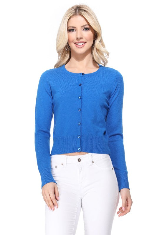 Gem Button Crew Neck Long Sleeve Sweater Cardigan- 18"-19" Length, Crewneck, Long Sleeves, Rounded Jewel Buttons, Button Down, Basic and Classic Viscose Crop Cardigan Sweater for Women.- Lightweight Knit Cardigan B