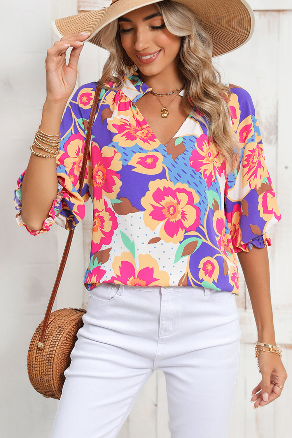 Rose Red Floral Frilled Split Neck Bubble Sleeve Blouse