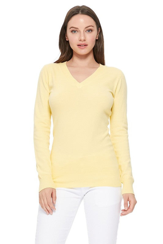 Women's Long Sleeve V-Neck Pulll Over Sweater Top- 25"-26.5" Length, V-Neck, Long Sleeve, Casual, Basic, and Classic Viscose Knitted Pullover Sweater- Lightweight Knit Pullover Sweater with High Quality Soft Viscos