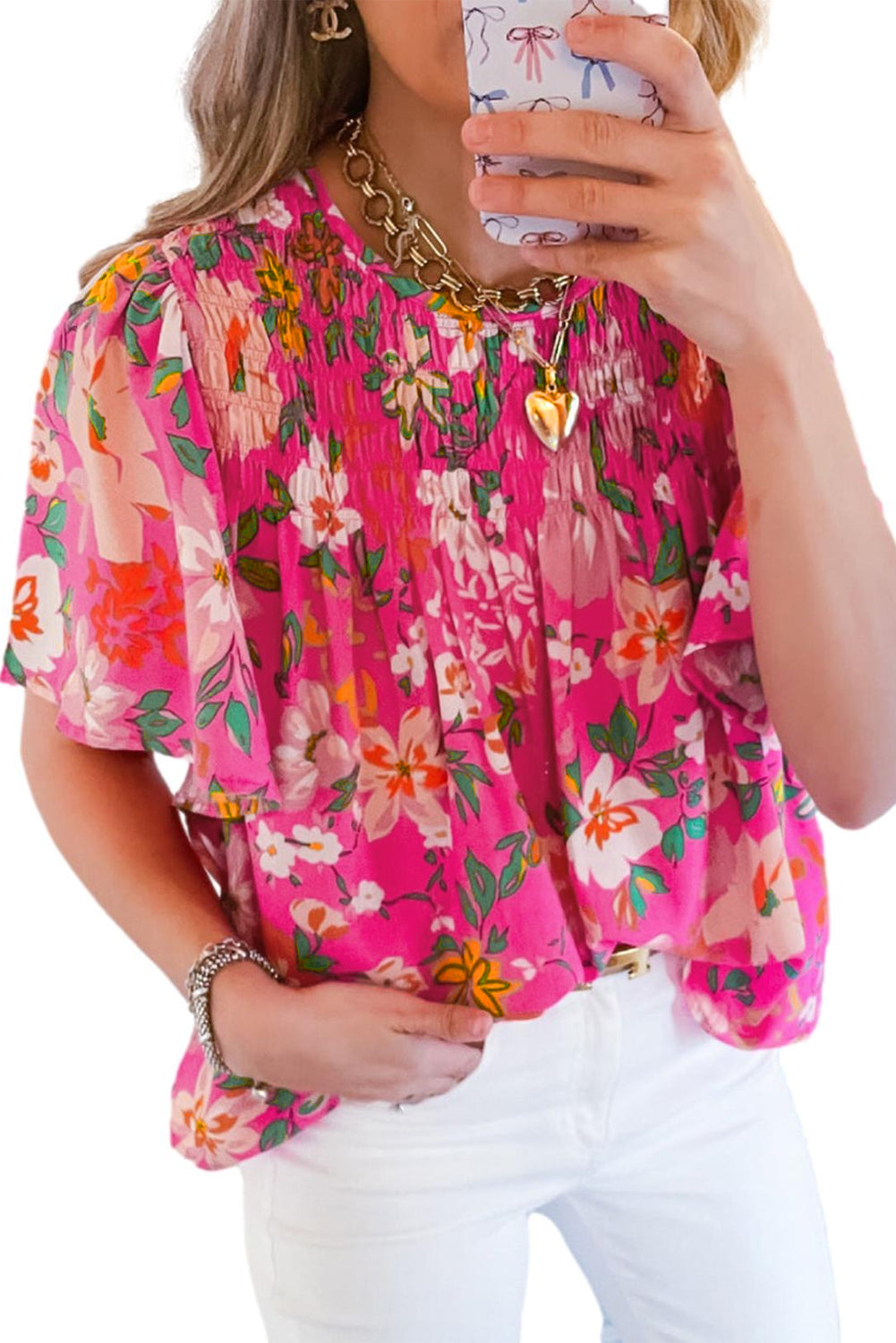 Pink Floral Print Flounce Sleeve Smocked Blouse