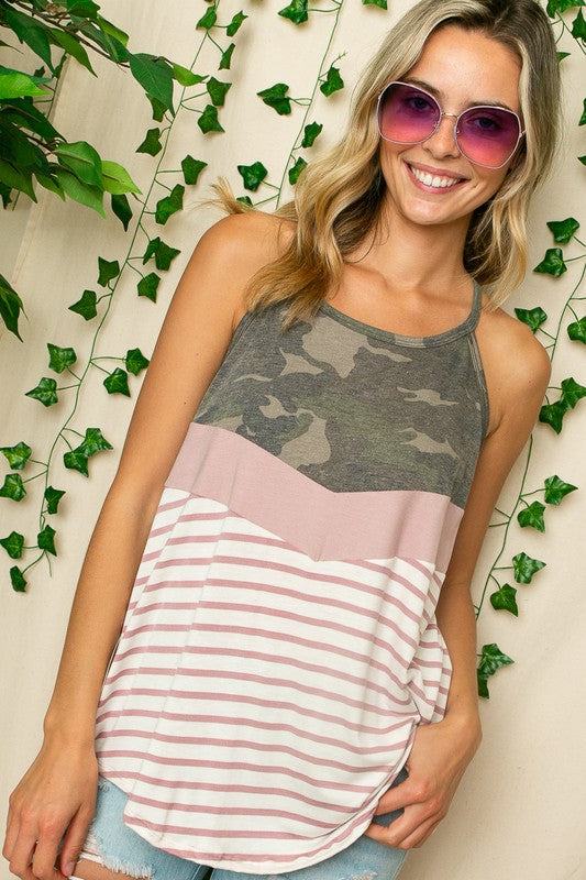 PLUS STRIPE CAMO MIX HALTER TOPPLUS STRIPE SOLID CAMOUFLAGE PRINT JERSEY MIXED ROUND NECK HALTER TOP- MADE IN U.S.A.
Style: Casual
Print / Pattern: STRIPE SOLID CAMOUFLAGE
Fit: Loose
Neck Line: RO