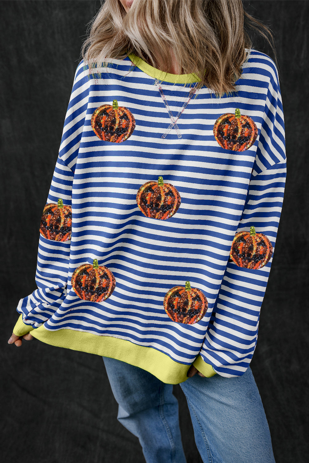 Green Stripe Funny Halloween Pumpkin Pattern Oversize SweatshirtMaterial:95%Cotton+5%Elastane

• Stand out this Halloween with the Green Stripe Funny Pumpkin  Oversize Sweatshirt, perfect for adding a touch of humor to your spoo