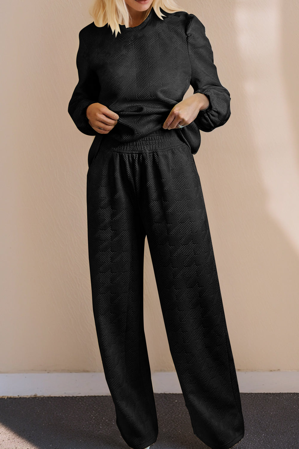 Black Textured Puff Sleeve Top and Pants Set