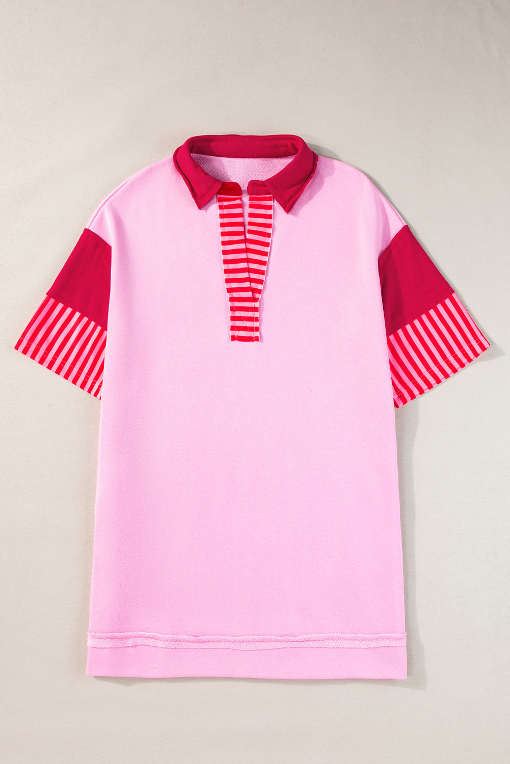 Pink Stripe Colorblock Sleeve Collared Mini DressMaterial:65%Polyester+35%Cotton

• The combination of pink and stripes adds a fun and trendy touch to your outfit.
• Embrace the relaxed vibes with the drop sleeve