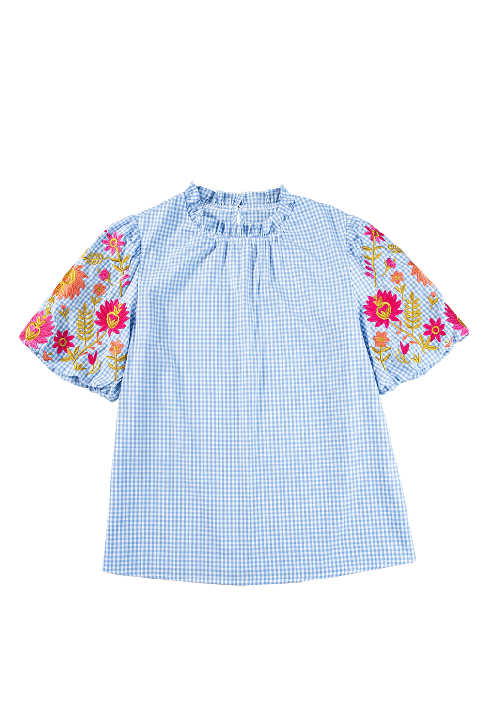 Light Blue Flower Embroidered Puff Sleeve Gingham BlouseMaterial:100%Cotton

• Elevate your casual look with our blouse, featuring intricate floral embroidery on a classic gingham pattern.
• The puff sleeves add a touch