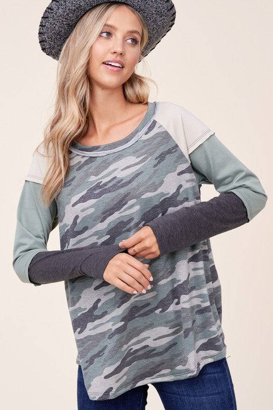 PLUS CAMOUFLAGE COLOR BLOCK TOPFRENCH TERRY CAMOUFLAGE PRINT AND SOLID COLOR BLOCKED LONG SLEEVE ROUND NECK RAW EDGE DETAIL PLUS TOP - MADE IN U.S.A
Style: Casual
Print / Pattern: CAMOUFLAGE PRINT