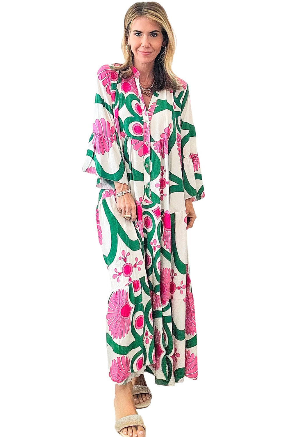 Pink Boho Abstract Button V Neck Oversized Maxi DressMaterial:100%Polyester

• Embrace your inner free spirit with our maxi dress, featuring a stunning abstract pattern and bell sleeves that exude bohemian charm. 
• 