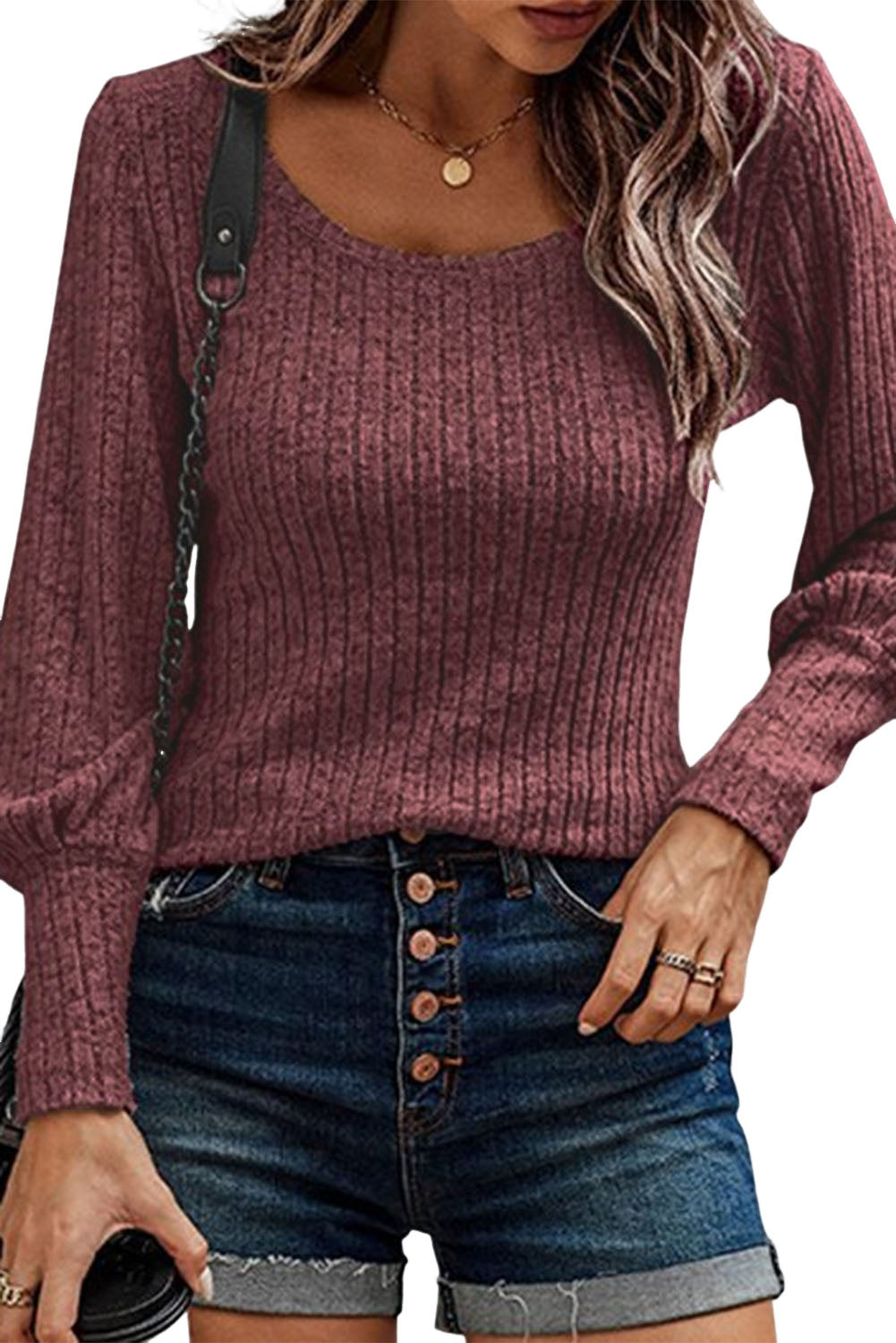 Camel Ribbed Bishop Sleeve Round Neck TopMaterial:95%POLYESTER+5%ELASTANE



		Elevate your daily style with this soft knitted top, perfect for everyday wear. 
	
	
		Crafted from high-quality fabric wi