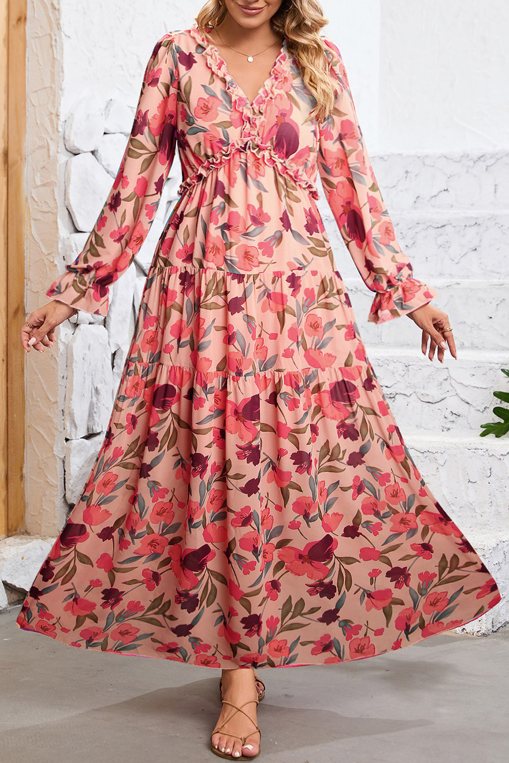 Pastel Red Floral Print Ruffle Trim Plunge Neckline Maxi DressMaterial:100%Polyester

• The maxi dress is a stunning piece that seamlessly blends a bold red hue with delicate floral patterns for a captivating look.
• The Plun