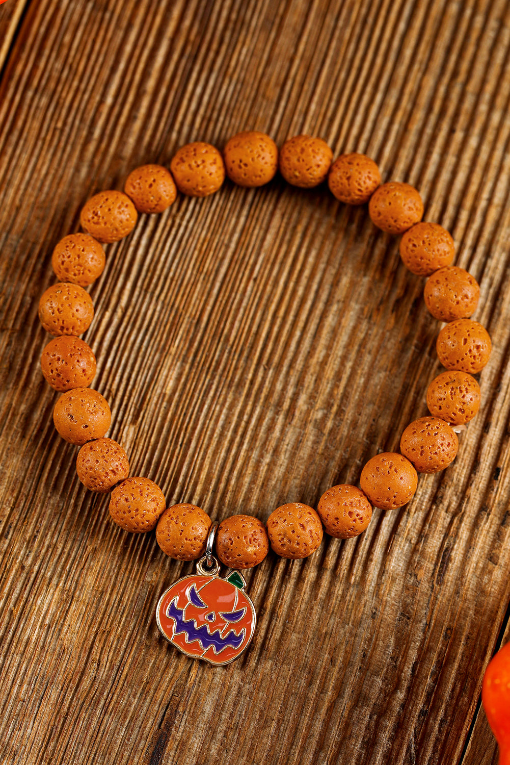 Orange Halloween Pumpkin Pendant Beaded Elastic Bracelet