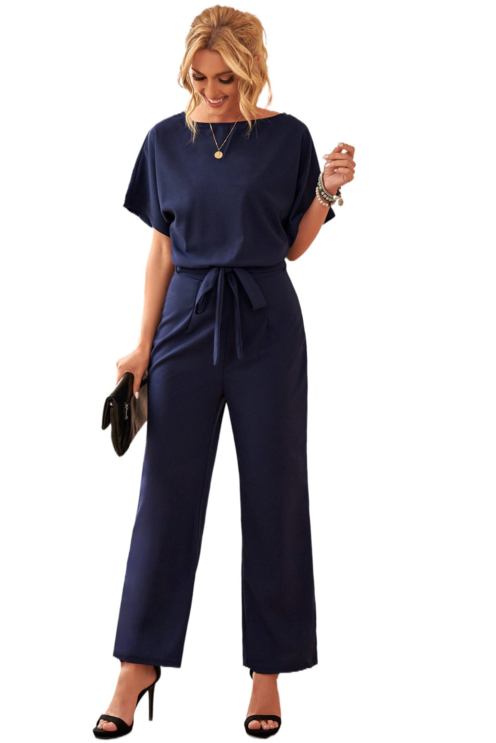 Dark Blue Solid Color Casual Belted Wide Leg JumpsuitMaterial:95%Polyester+5%Spandex



		You'll be looking oh so glam in this beaut jumpsuit
	
	
		A tie waist belt, batwing sleeve and wide leg
	
	
		The loose 