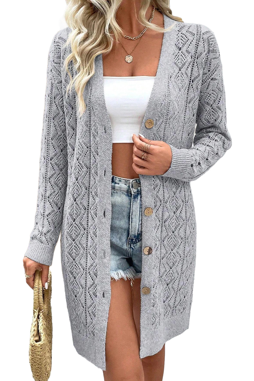 Gray Hollow Out Button Front Long Cardigan