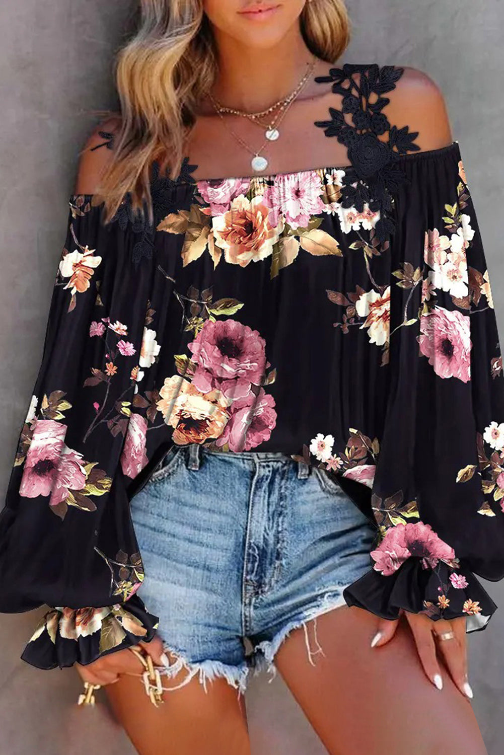 Black Floral Print Lace Loose Off Shoulder BlouseMaterial:100%Polyester



		The cold shoulder
design makes this blouse much sexier than you think
	
	
		The sleekness and
silkiness touch gives endless comfor