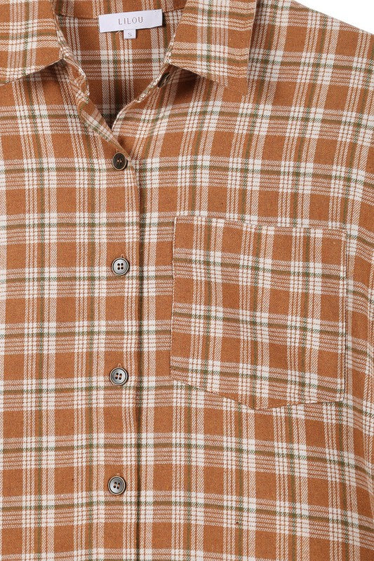 Autumn beige plaid shirts- Autumn beige plaid shirts, 7 buttons at center front and 2 buttons at each cuff, 1 pocket at left chest, shirt tail- Pattern type : plaid- Neck line : shirt collar