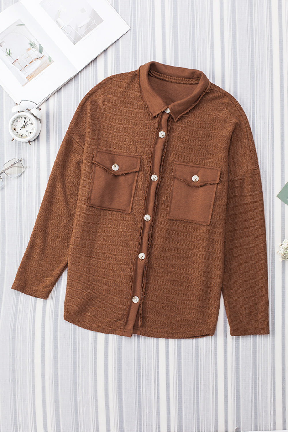 Brown Solid Color Textured Button Up Shacket with Pockets