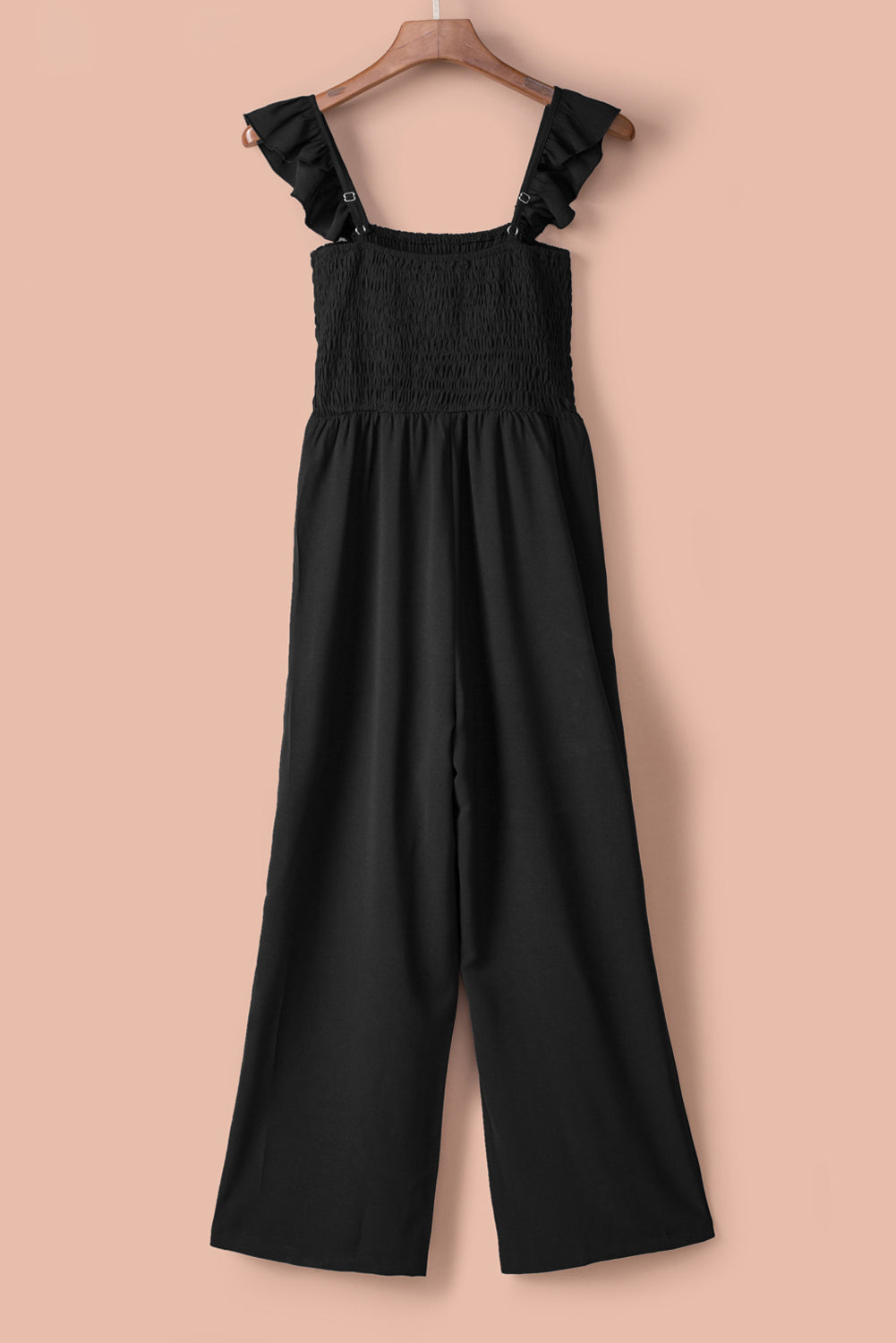 Apricot Smocked Ruffle Strap Pocket Wide Leg JumpsuitMaterial:100%Polyester



		This plain jumpsuit is sexy yet graceful with a flattering silhouette
	
	
		Flutter sleeves, square neck, smocked bodice and wide le