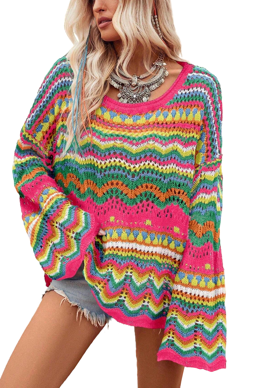 Rose Red Colorblock Striped Hollowed Knit Loose SweaterMaterial:55%Acrylic+45%Cotton

• Stay cozy and stylish in this sweater featuring a unique hollowed knit design for a trendy boho look.
• The loose fit of this swea