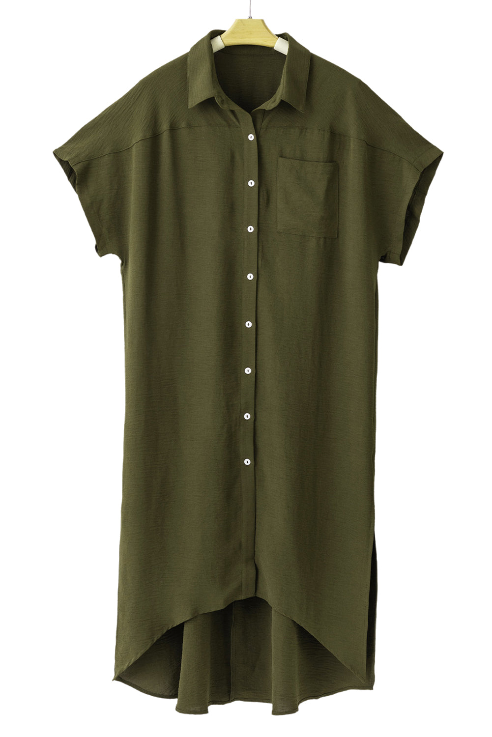 Jungle Green Loose High Low Side Slits Short Sleeve Shirt DressMaterial:100%Polyester


	

			This dress is designed to be friendly to any shape, offering a relaxed fit and comfortable wear.
		
		
			Featuring a collared n