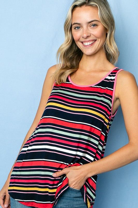 MULTI STRIPE TANK TOPMULTI STRIPE PRINT JERSEY ROUND NECK TANK TOP- Model is 5' 8" 31-24-35 and wearing a Small- 95% RAYON, 5% SPANDEX - MADE IN USA
Style: Casual
Print / Pattern: Stripe