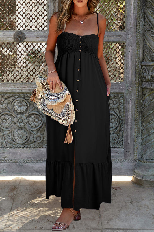 Black Smocked Button Pocketed Spaghetti Strap Maxi DressMaterial:100%Polyester



		The maxi dress is crafted from a soft, breathable fabric, ensuring comfort and style for any occasion.
	
	
		Featuring a smocked bod