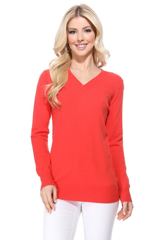 Women's Long Sleeve V-Neck Pulll Over Sweater Top- 25"-26.5" Length, V-Neck, Long Sleeve, Casual, Basic, and Classic Viscose Knitted Pullover Sweater- Lightweight Knit Pullover Sweater with High Quality Soft Viscos