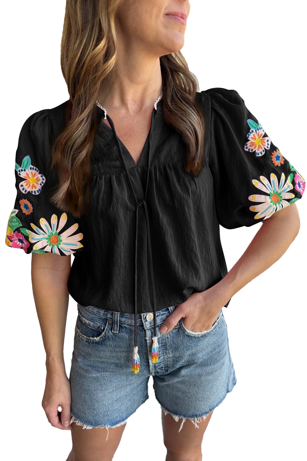 Mineral Red Floral Embroidered Puff Sleeve Split Neck BlouseMaterial:100%Cotton

• Radiate bohemian charm with the Mineral Red blouse featuring intricate floral embroidery and puff sleeves, perfect for a free-spirited look.
