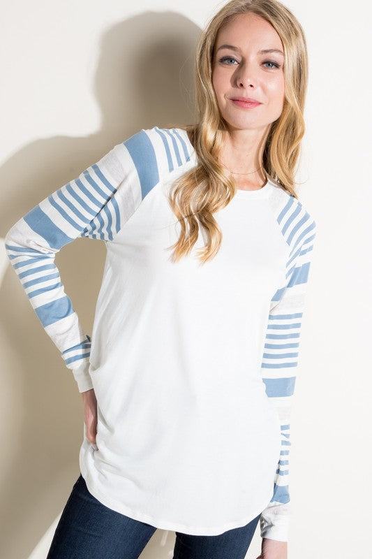 PLUS ENGINEERING STRIPE MIXED TOPPLUS ENGINEERING STRIPE AND SOLID MIXED LONG SLEEVE ROUND NECK TOP-ENGINEERING STRIPE AND SOLID JERSEY MIXED-LONG SLEEVE ROUND NECK-BASEBALL CASUAL PLUS TOP-95% RAYO