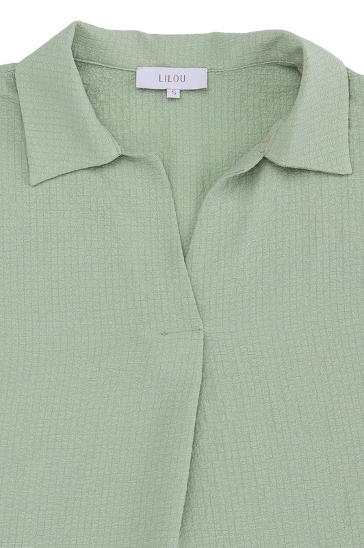 Shirt collared blouse- Shirt collared blouse- Pattern type : solid- Neck line : shirt collared- Sleeve type : regular sleeves- Sleeve length : short sleeves- Stretch : stretch- Sheer : n